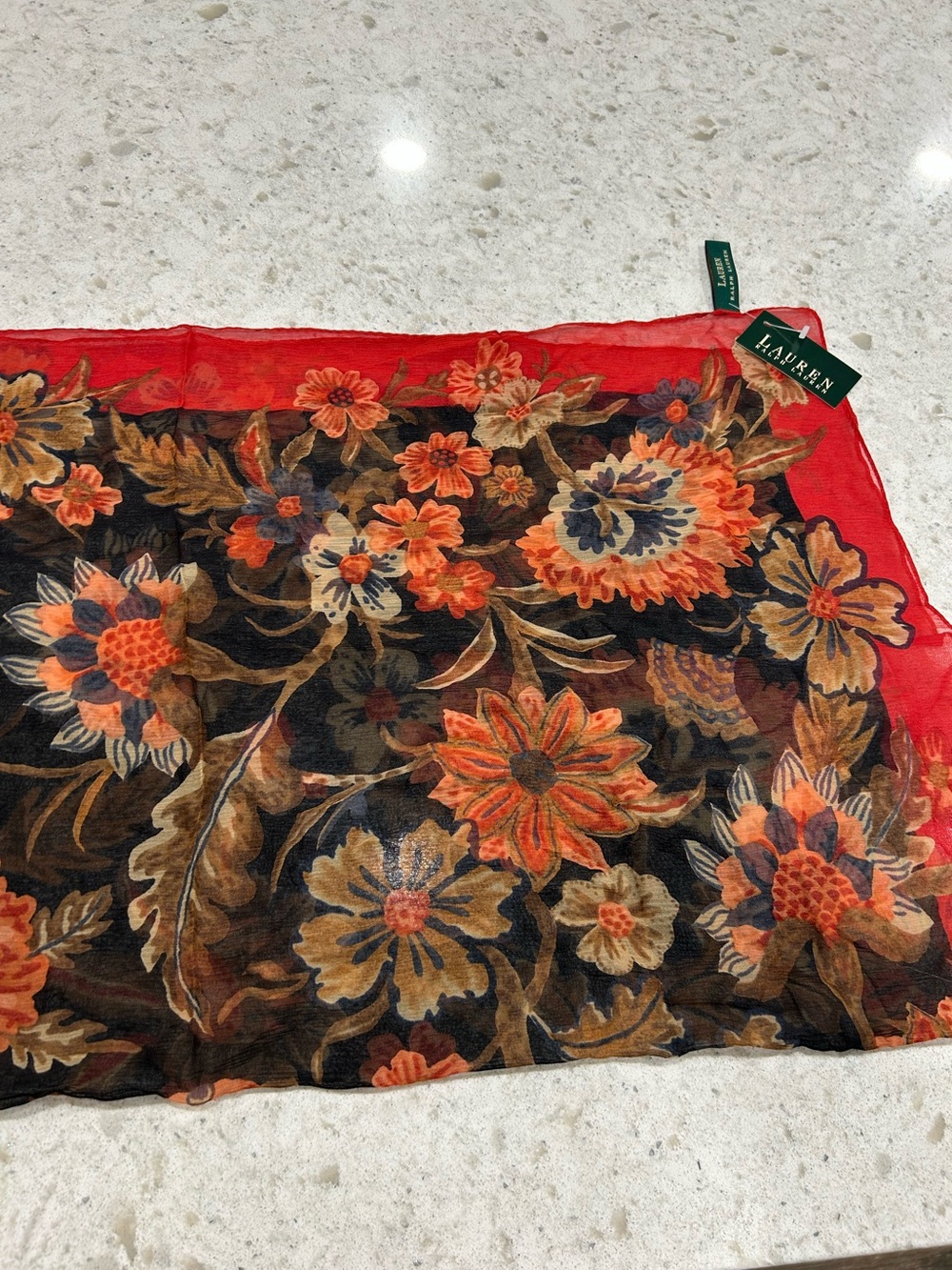 Lauren Ralph Lauren Fall Floral Silk Scarf Orange Red Brown Black NWT